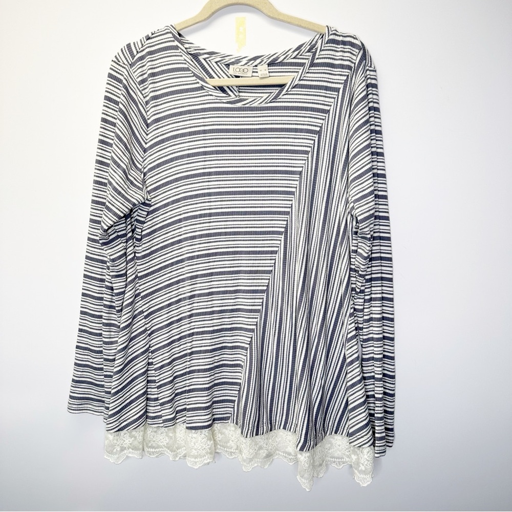 LOGO by Lori Goldstein long sleeve striped waffle texture top lace hem size XL